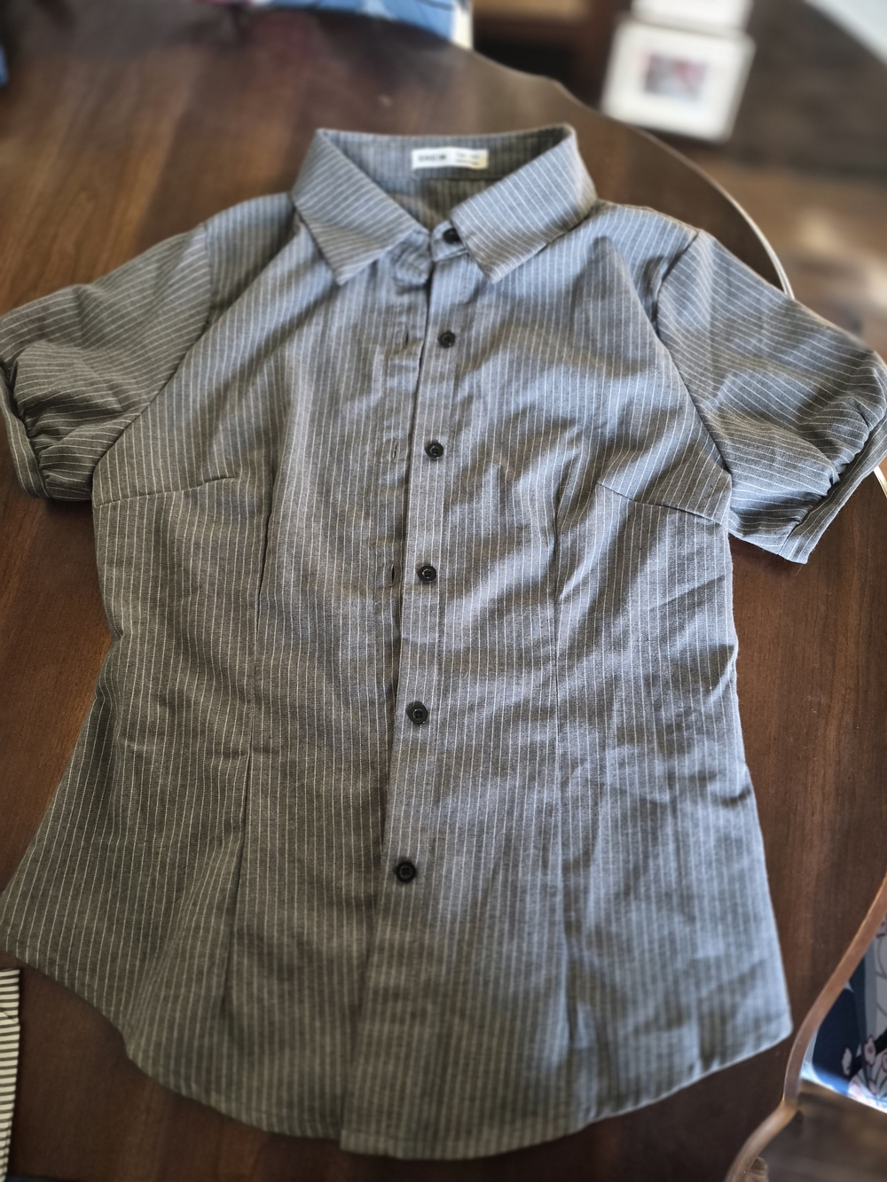 SHEIN Gray Pinstripe Short Sleeve Button-Down Shirt